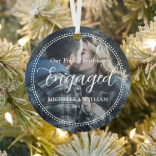 First Christmas Engaged Script Overlay Photo Metal Tree Decoration
