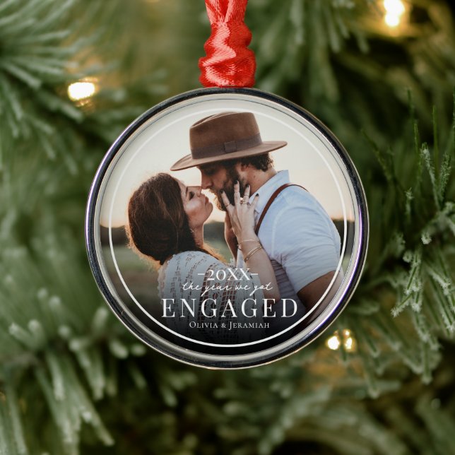 First Christmas Engaged Simple Border Photo  Metal Ornament (Tree)