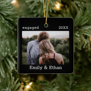 First Christmas Engaged Simple Minimalist Photo Ceramic Ornament