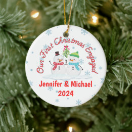 First Christmas Engaged Snowman Personalised Ceramic Ornament