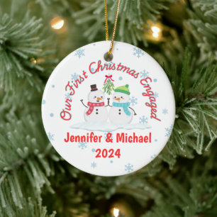 First Christmas Engaged Snowman Personalised Ceramic Ornament