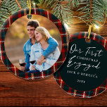 First Christmas Engaged Tartan Plaid Photo Ceramic Ornament<br><div class="desc">First Christmas engaged photo ornament, personalised with a photo, names and the year. The design is double sided and features tartain plaid frames with hand lettering. The photo template displays your picture as a round shape and the other side is lettered with "our first christmas engaged ... [last name and...</div>