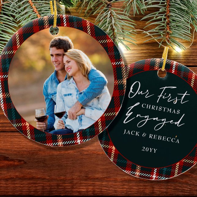  First Christmas Engaged Tartan Plaid Photo Ceramic Ornament (Creator Uploaded)