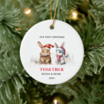 First Christmas engaged together bunnies Ceramic Ornament<br><div class="desc">Funny and cute Christmas ornament for all the happy couples. It features a couple of cute bunnies,  wearing Santa hats. Easy to personalise with your Name and Year</div>