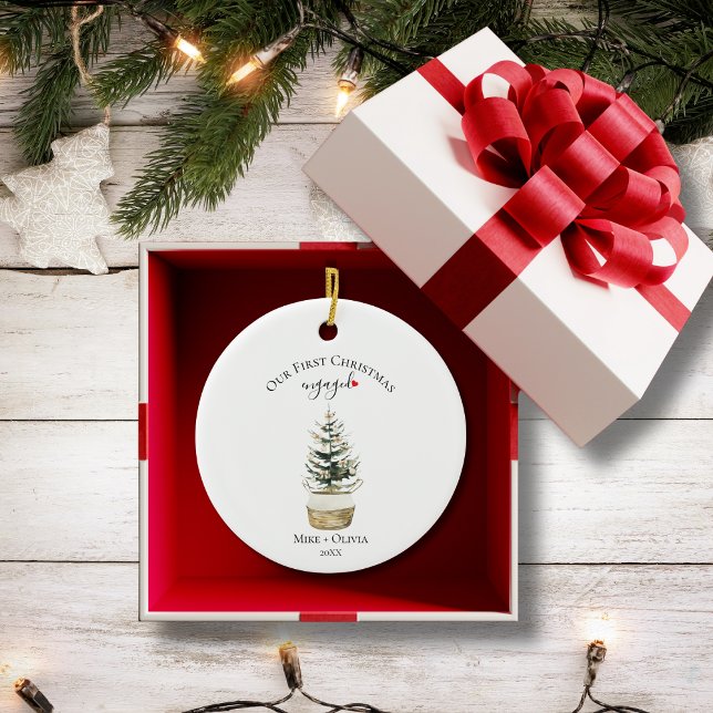First Christmas Engaged Tree Gold Bow Photo Custom Ceramic Ornament (Creator Uploaded)