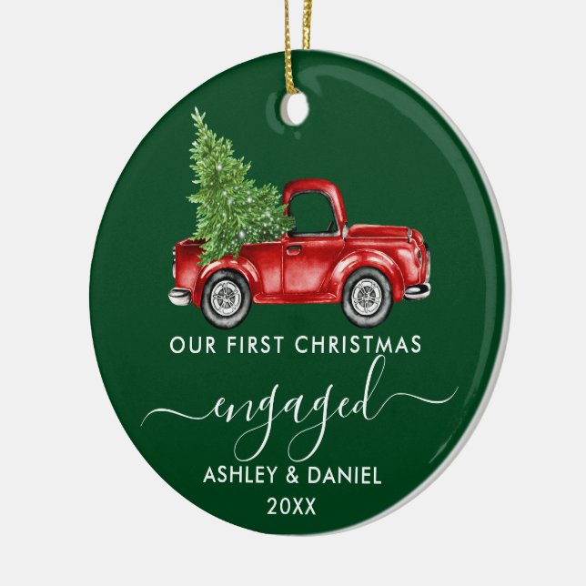 First Christmas Engaged Truck Calligraphy PHOTO Ceramic Ornament (Left)
