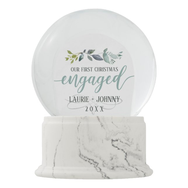 First Christmas Engaged Watercolor Greenery Snow Globe (Front)