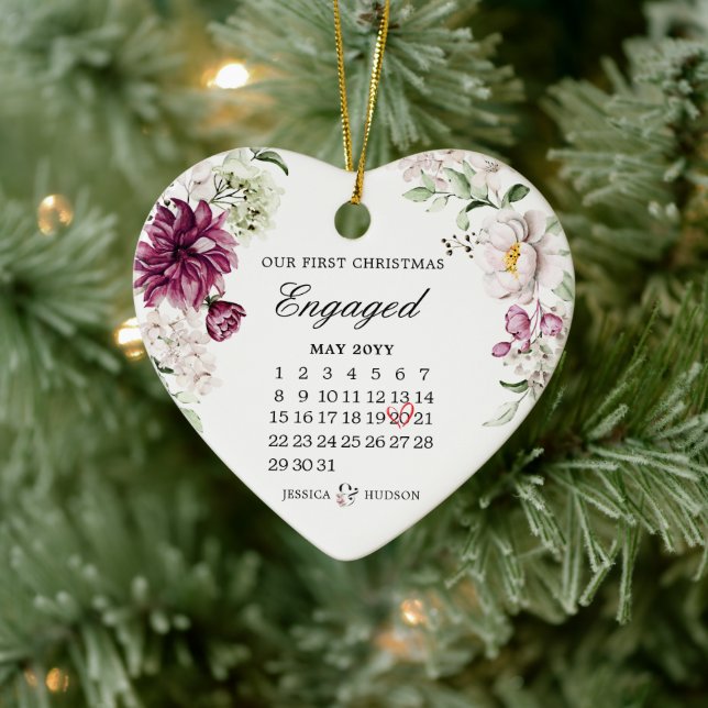 First Christmas Engaged With Calendar Floral Ceramic Ornament (Tree)