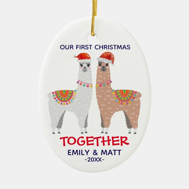 First Christmas engaged with couple of llama Ceramic Ornament (Front)