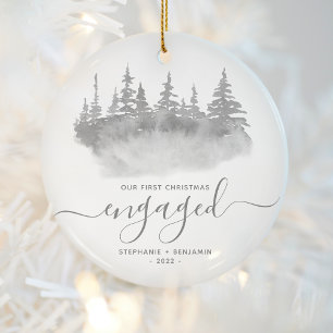 First Christmas Engaged Woodland Trees Grey Script Ceramic Ornament
