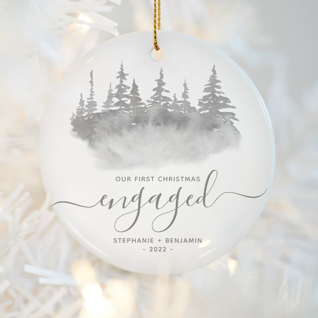 First Christmas Engaged Woodland Trees Grey Script Ceramic Ornament (Creator Uploaded)