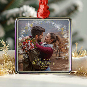 First Christmas Engaged Wreath Gilded Engagement Metal Ornament