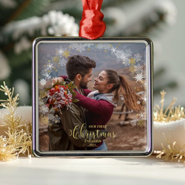 First Christmas Engaged Wreath Gilded Engagement Metal Ornament (Creator Uploaded)