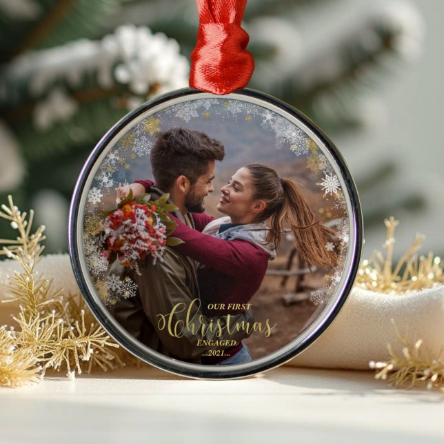 First Christmas Engaged Wreath Gilded Engagement Metal Ornament (Creator Uploaded)