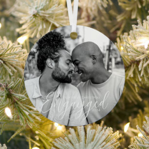 First Christmas Engayged Gay Pride Personalised Metal Tree Decoration