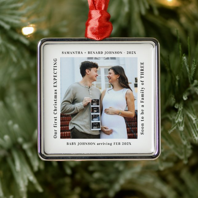 First Christmas Expecting Pregnancy Announcement Metal Ornament (Tree)