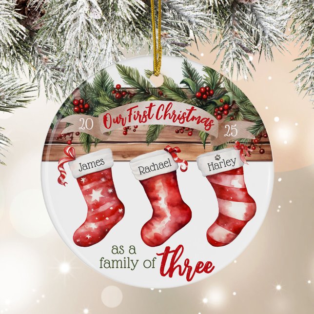 First Christmas Family of 3 Dog Name Stockings Ceramic Ornament (Personalized names 1st Christmas as a Family of 3 dog print pet name custom ornament gift mom dad)