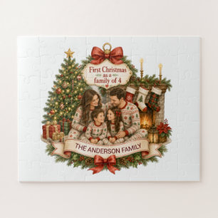 First Christmas Family of 4 Watercolor Christmas Jigsaw Puzzle