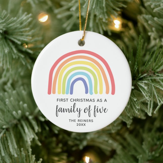 First Christmas Family Of 5 Personalised Rainbow Ceramic Ornament (Tree)