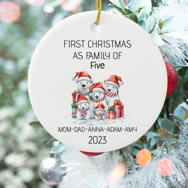 First Christmas Family of Five Polar Bears Ceramic Ornament (Creator Uploaded)