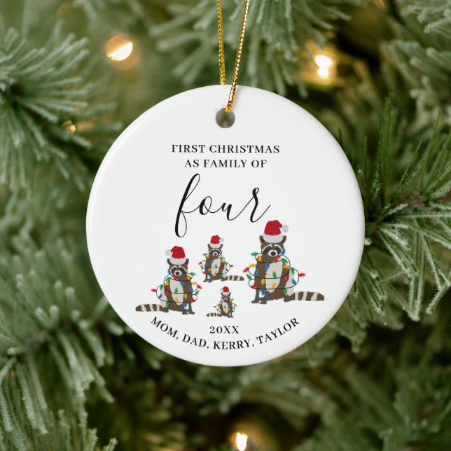 First Christmas Family of Four Cute Racoon  Ceramic Ornament (Tree)