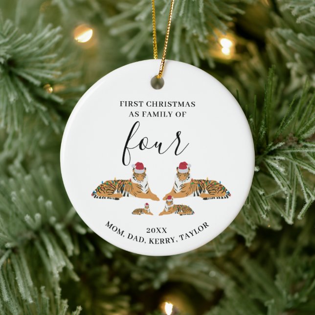 First Christmas Family of Four Cute Tigers Ceramic Ornament (Tree)