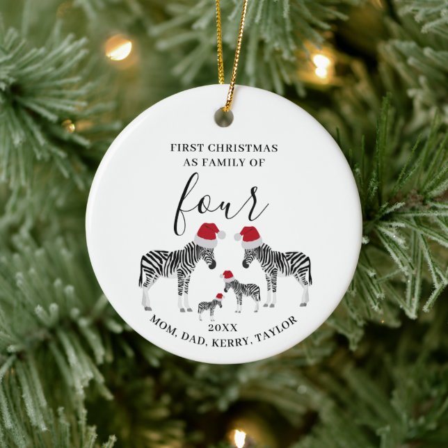 First Christmas Family of Four Cute Zebra Ceramic Ornament (Tree)