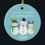 First Christmas Family of Three 2020 Snowman Ceramic Ornament<br><div class="desc">This design was created though digital art. It may be personalised in the area provided or customising by changing the photo or added your own words. Contact me at colorflowcreations@gmail.com if you with to have this design on another product. Purchase my original abstract acrylic painting for sale at www.etsy.com/shop/colorflowart. See...</div>