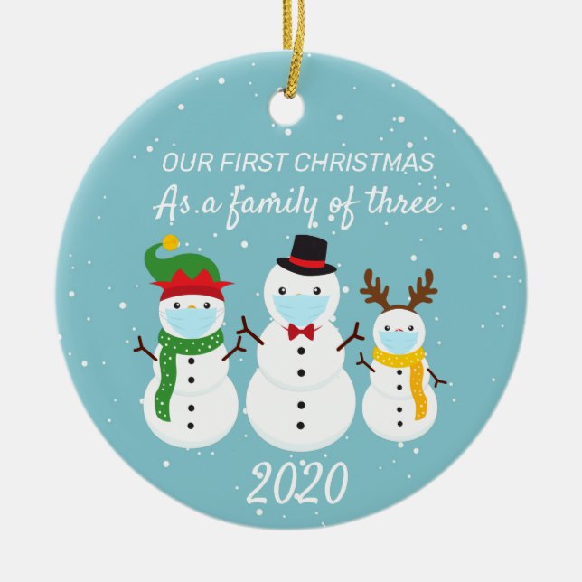 First Christmas Family of Three 2020 Snowman Ceramic Ornament (Front)