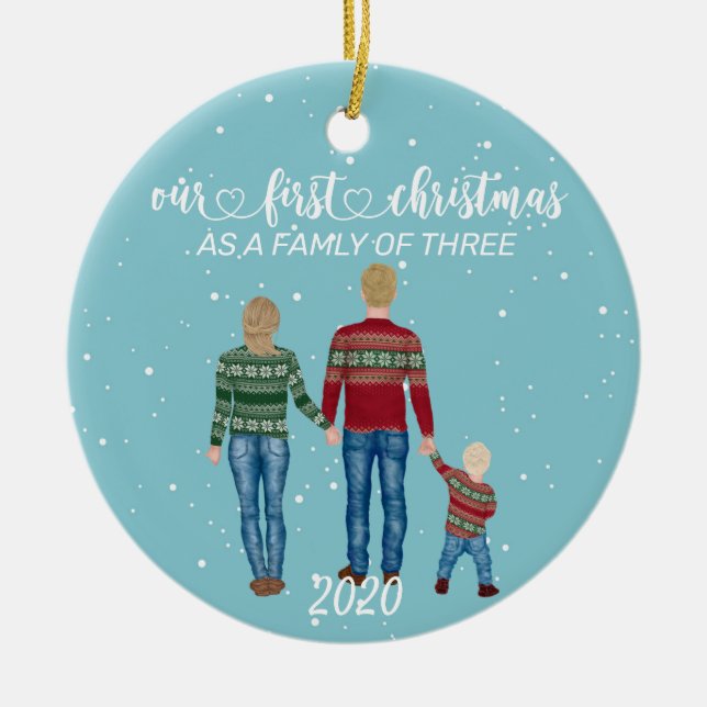 First Christmas Family of Three Blonde Hair Boy Ceramic Ornament (Front)