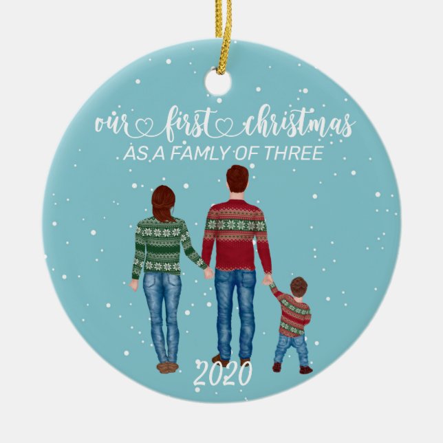 First Christmas Family of Three Brown Hair Boy Ceramic Ornament (Front)