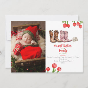 First Christmas Family of Three Cowboy Boots Photo Holiday Card