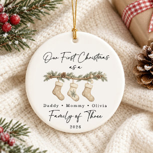 First Christmas Family of Three Custom Ceramic Ornament