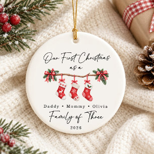 First Christmas Family of Three Custom Ceramic Ornament