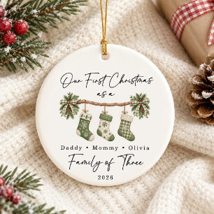 First Christmas Family of Three Custom Ceramic Ornament
