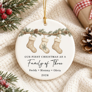First Christmas Family of Three Custom Ceramic Ornament