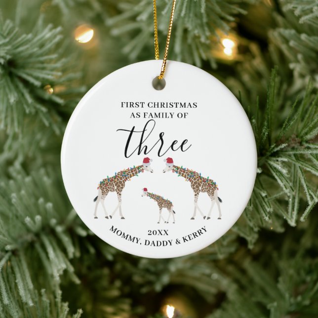 First Christmas Family of Three Cute Giraffes Ceramic Ornament (Tree)