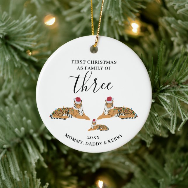 First Christmas Family of Three Cute Tigers Ceramic Ornament (Tree)