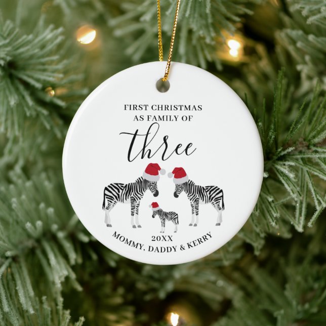 First Christmas Family of Three Cute Zebra Ceramic Ornament (Tree)