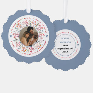 First Christmas family of three dusty blue photo Tree Decoration Card