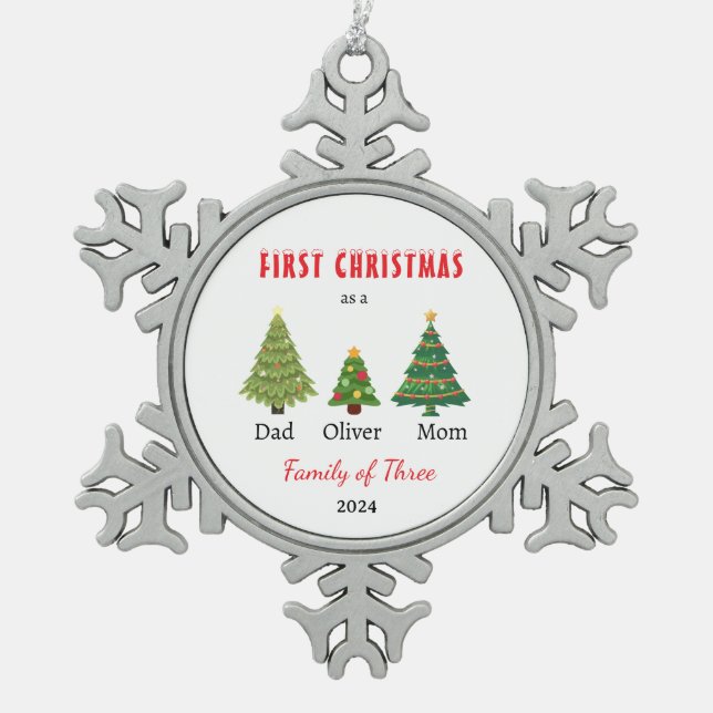 First Christmas family of three Keepsake Snowflake Pewter Christmas Ornament (Front)
