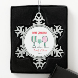 First Christmas family of three Keepsake Snowflake Pewter Christmas Ornament