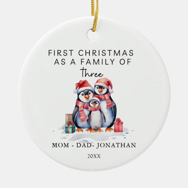  First Christmas Family of Three Penguins Ceramic Ornament (Front)