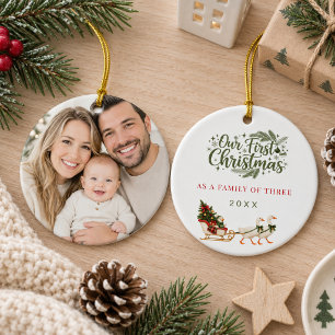 First Christmas Family of Three photo Goose Ceramic Ornament