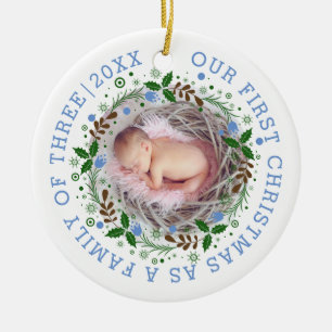 First Christmas family of three wreath blue photo Ceramic Ornament