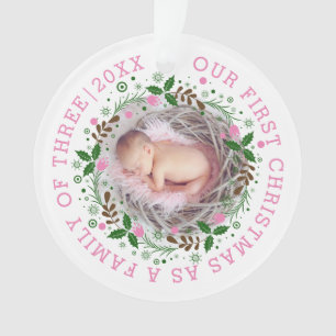 First Christmas family of three wreath pink photo Ornament