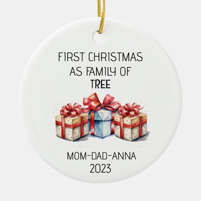 First Christmas Family of Tree Presents  Ceramic Ornament (Front)