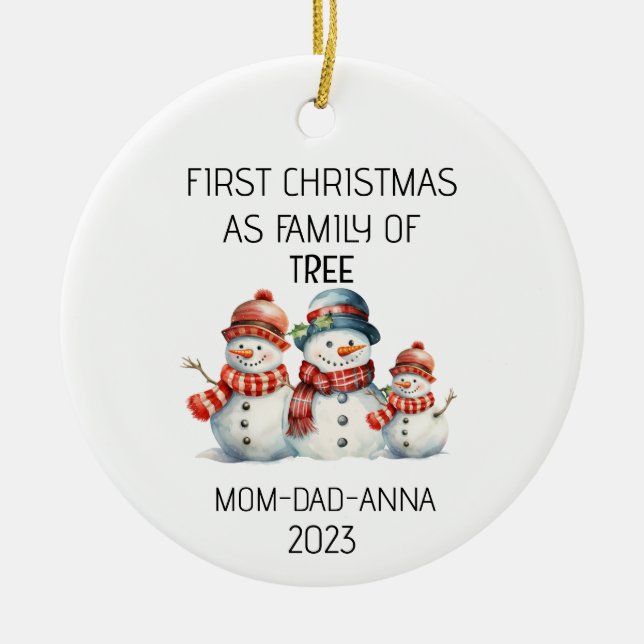 First Christmas Family of Tree Snowmans Ceramic Ornament (Front)