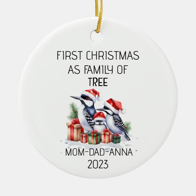 First Christmas Family of Tree Woodpeckers Birds Ceramic Ornament (Front)
