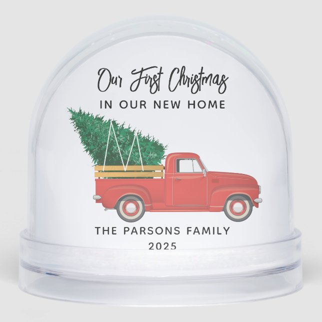 First Christmas Family Photo Modern Red Truck Snowglobe (Front)